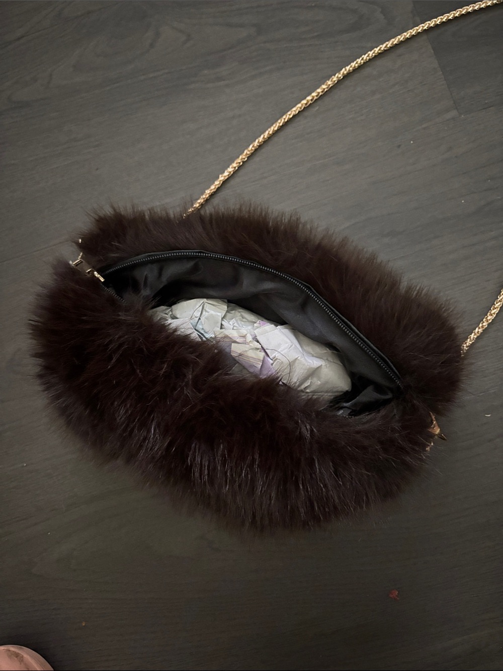 Plush Faux Fur Chain Shoulder Bag - Dark Brown